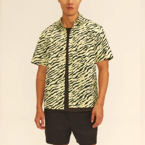 EVERLANE The Poplin Short-Sleeve Shirt Pale Yellow Tiger Stripe NWT - Picture 3 of 8